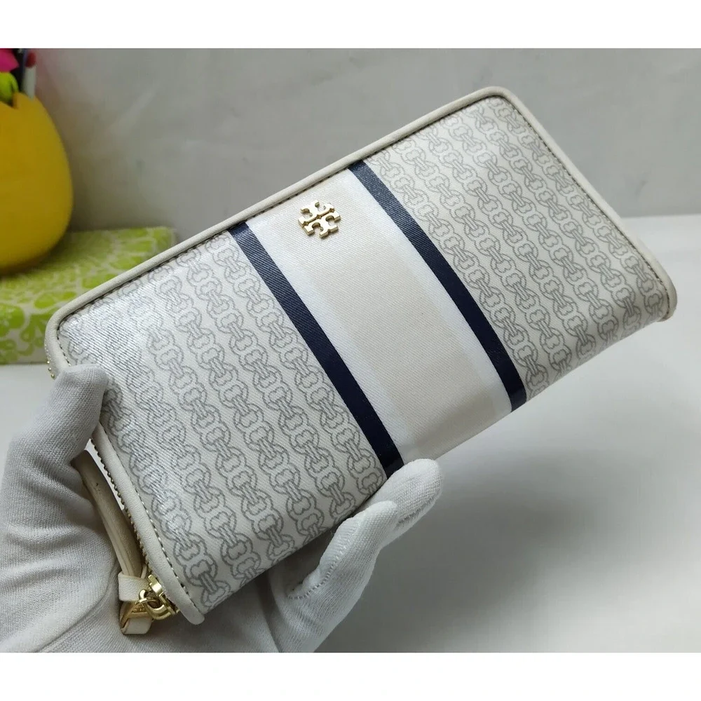 Tory Burch Gemini Ivory Gray Coated Canvas Link Stripe Zip Around Wallet